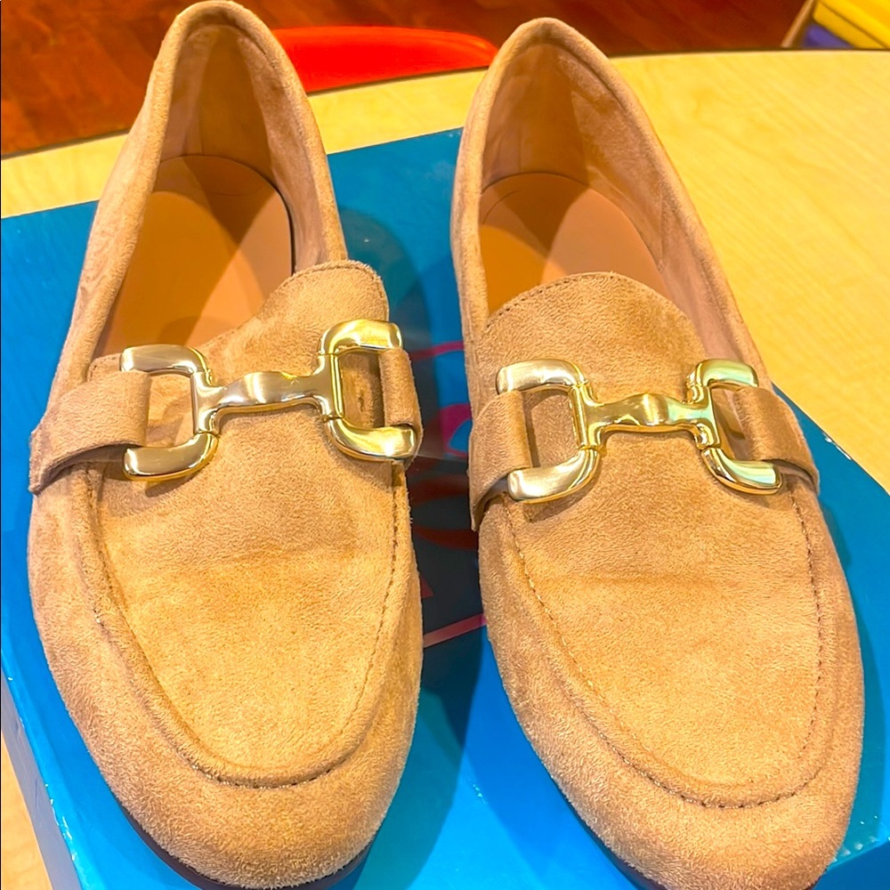 Tan Suede Loafers with Gold Buckle